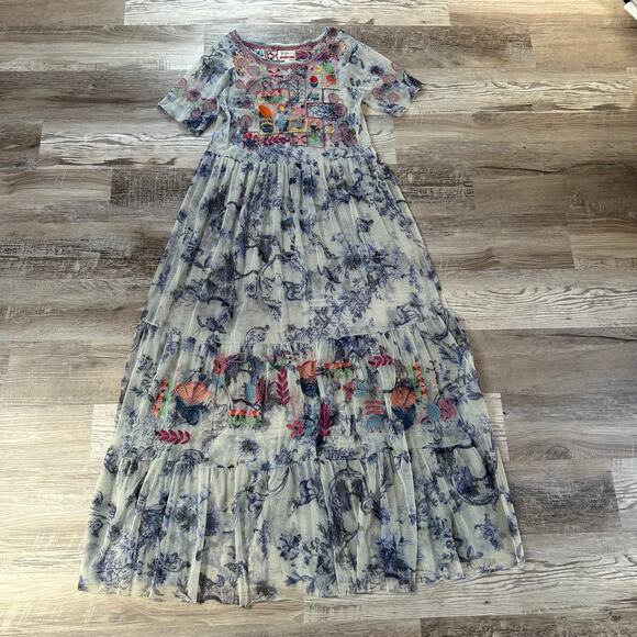 Johnny Was Biya Logan Tiered Mesh Maxi Dress Embroidered Boho Sheer Size S - Picture 8 of 15